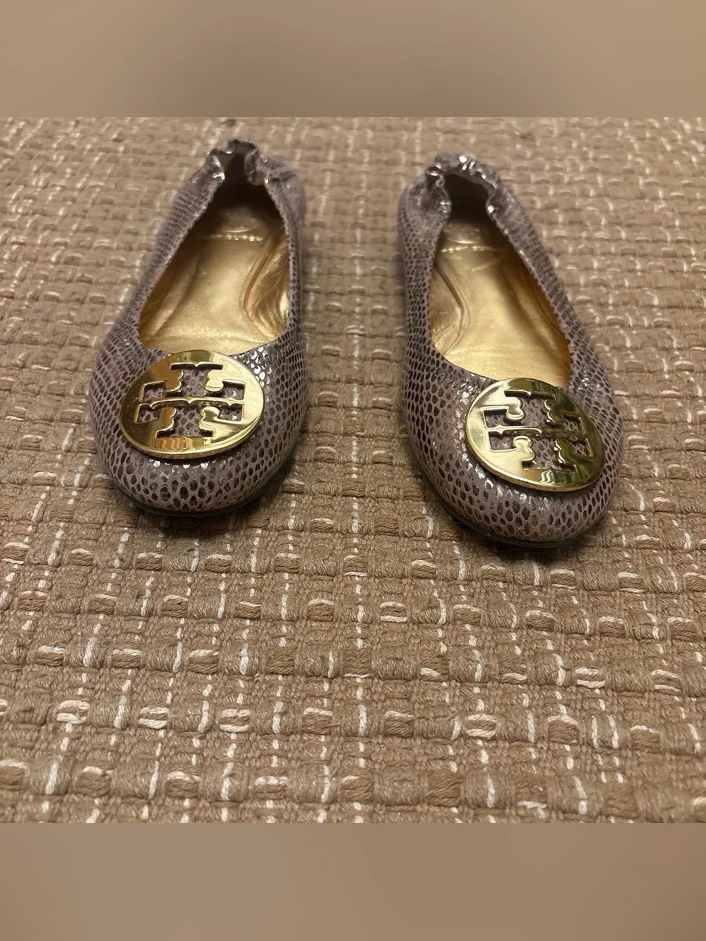 Tory Burch Rose Metallic Snake-Effect Logo Ballet Flats